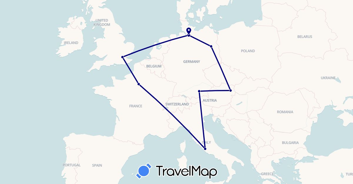 TravelMap itinerary: driving in Austria, Germany, France, United Kingdom, Italy (Europe)